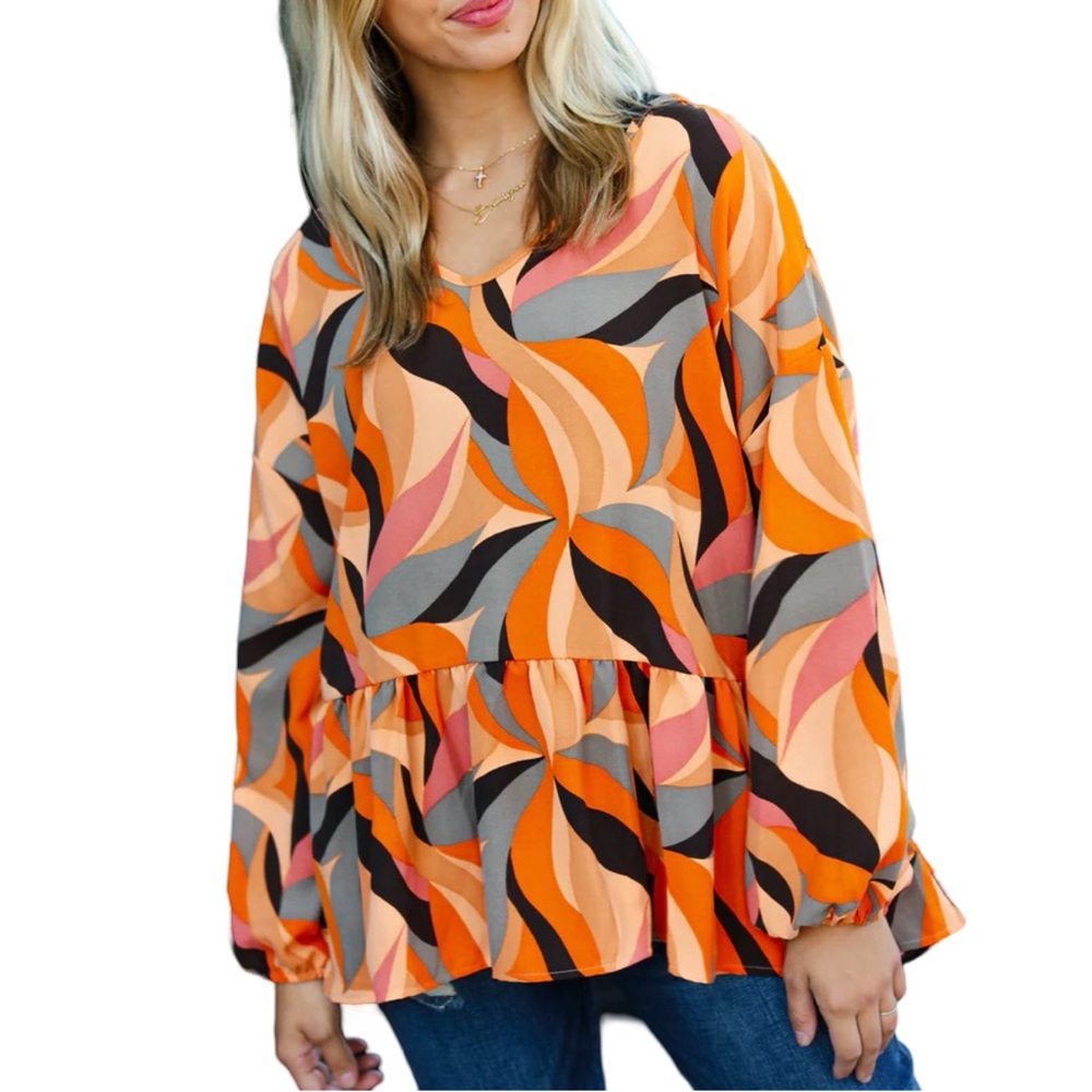 NEW HAPTICS RUST ABSTRACT PRINT V NECK PEPLUM TOP